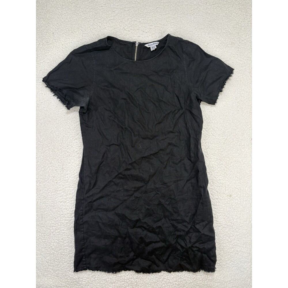 Tommy Bahama Size M Black Dress Linen Raw Frayed Hems Short Sleeve Classic Beach